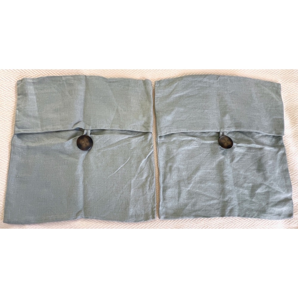 Pottery Barn 100% Linen Pillow Covers Pair Light Blue Gray Button 19x17 22780